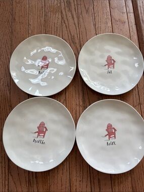 Rae Dunn White Dessert Plates with Red Chair Motif (Set of 4)